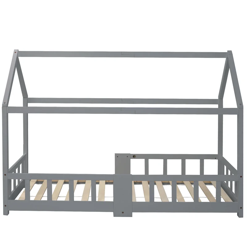 Lit enfant en bois pin gris forme maison avec sommier à lattes et tableau noir 90 x 200 cm (sans matelas) DRAKRIE