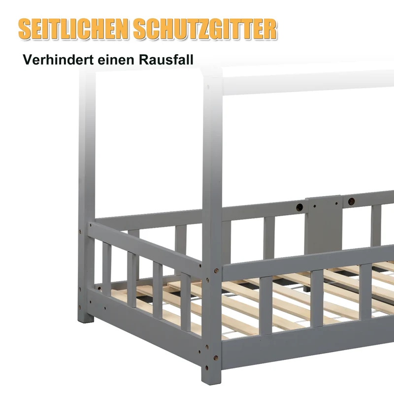 Lit enfant en bois pin gris forme maison avec sommier à lattes et tableau noir 90 x 200 cm (sans matelas) DRAKRIE