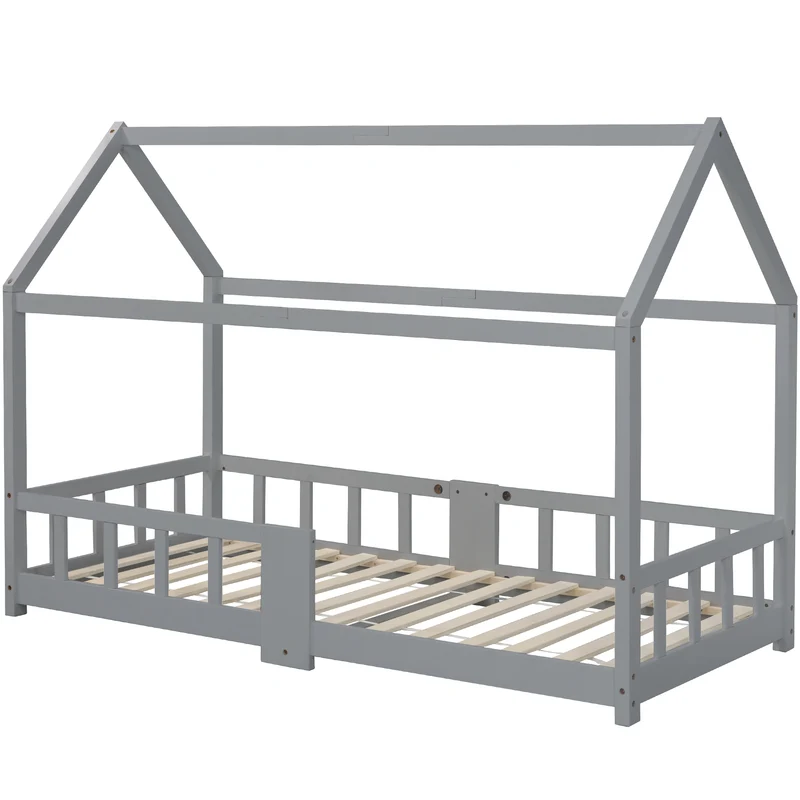 Lit enfant en bois pin gris forme maison avec sommier à lattes et tableau noir 90 x 200 cm (sans matelas) DRAKRIE