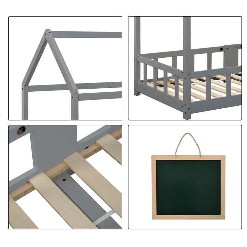 Lit enfant en bois pin gris forme maison avec sommier à lattes et tableau noir 90 x 200 cm (sans matelas) DRAKRIE
