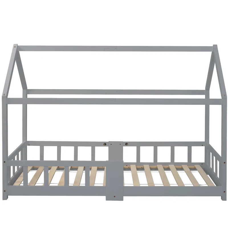 Lit enfant en bois pin gris forme maison avec sommier à lattes et tableau noir 90 x 200 cm (sans matelas) DRAKRIE