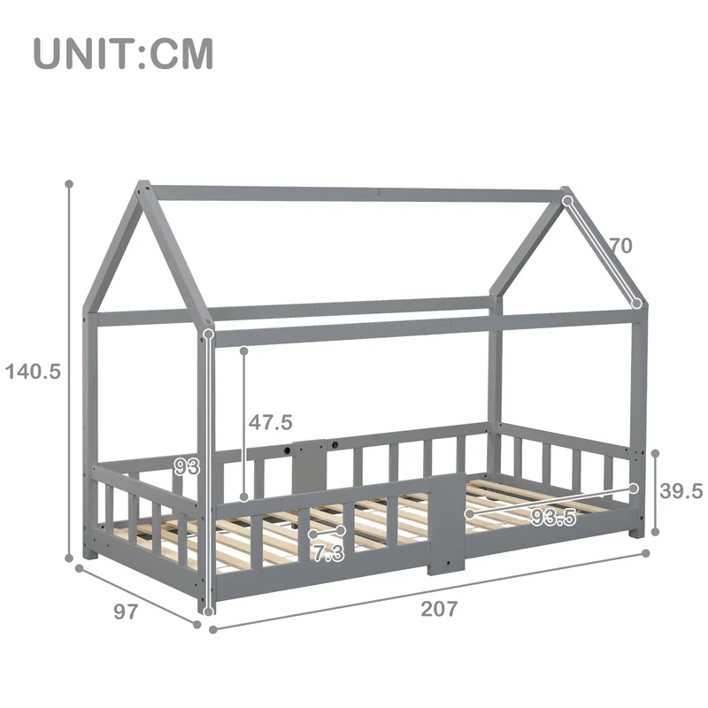 Lit enfant en bois pin gris forme maison avec sommier à lattes et tableau noir 90 x 200 cm (sans matelas) DRAKRIE