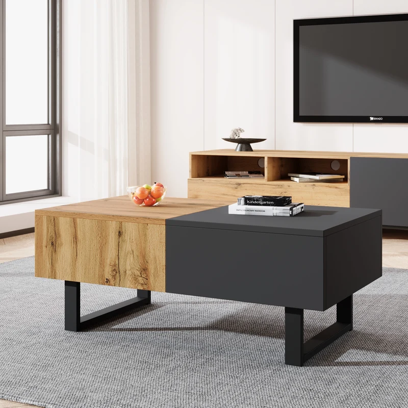 Table basse multifonction moderne coulissante avec rangement caché, effet bois et gris SOLSTICEWHIFF