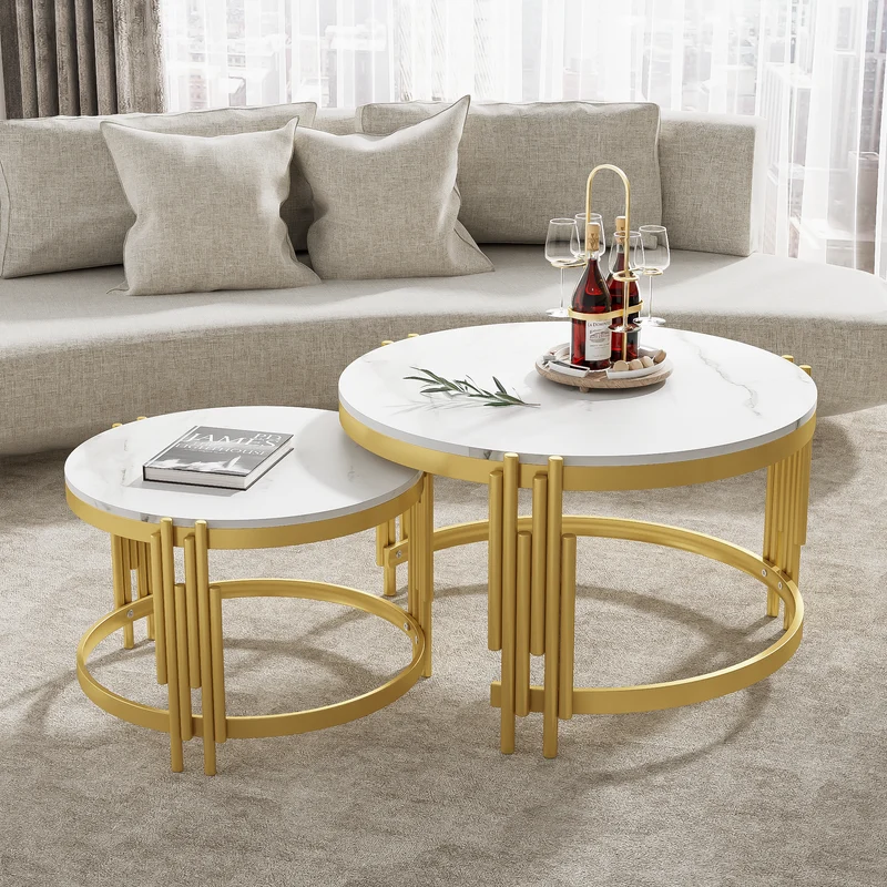 Table basse gigogne ronde MDF effet marbre blanc et pieds dorés ANTARESFLARE