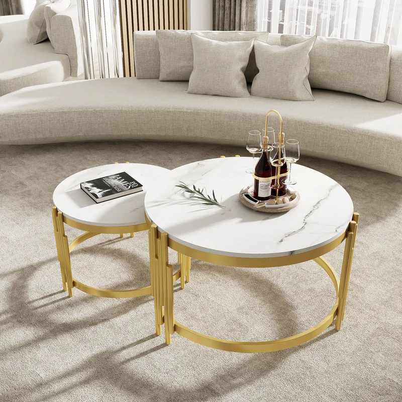 Table basse gigogne ronde MDF effet marbre blanc et pieds dorés ANTARESFLARE