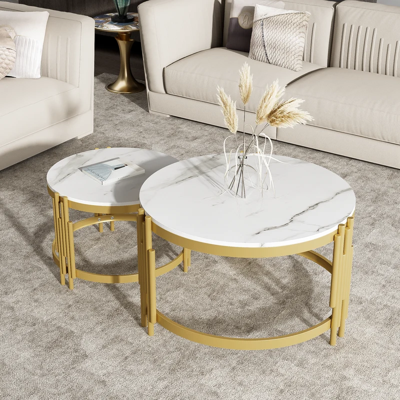 Table basse gigogne ronde MDF effet marbre blanc et pieds dorés ANTARESFLARE