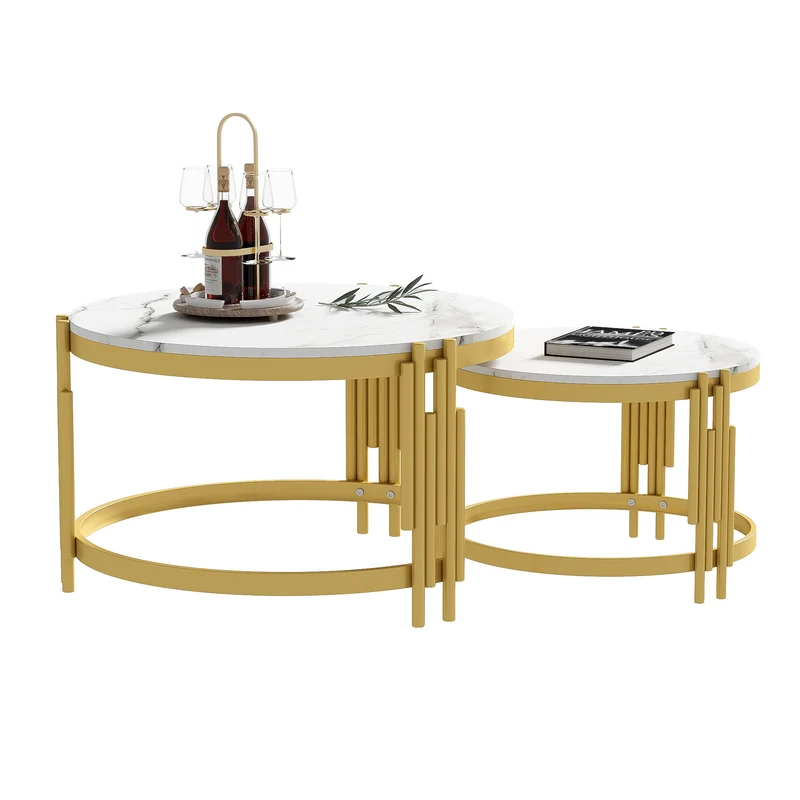 Table basse gigogne ronde MDF effet marbre blanc et pieds dorés ANTARESFLARE