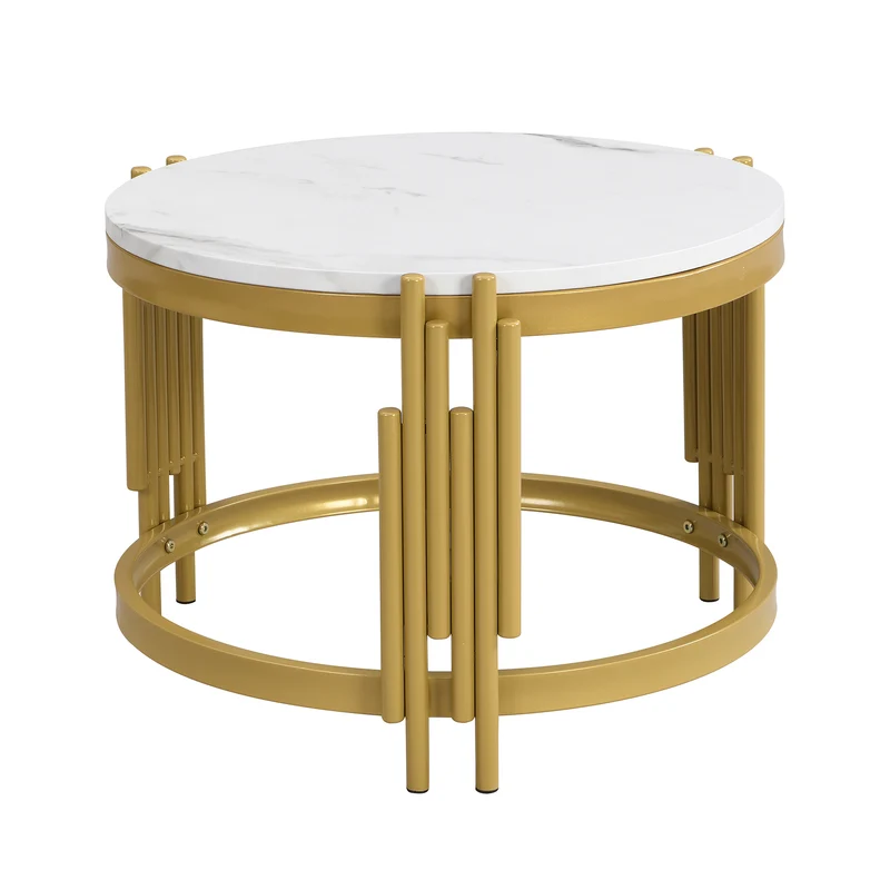 Table basse gigogne ronde MDF effet marbre blanc et pieds dorés ANTARESFLARE