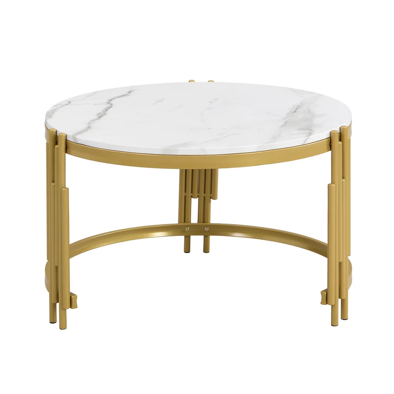 Table basse gigogne ronde MDF effet marbre blanc et pieds dorés ANTARESFLARE