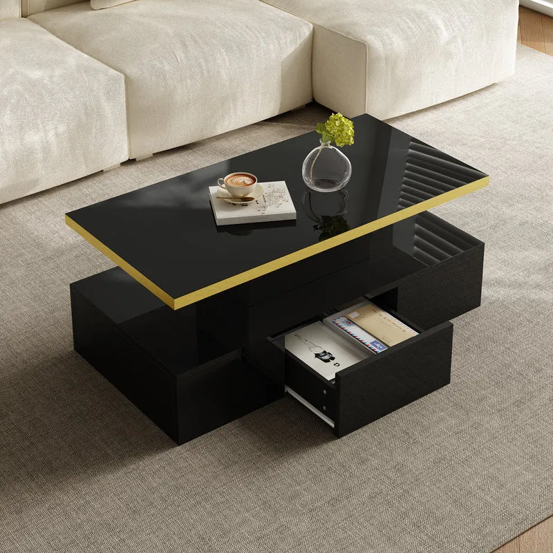 Table basse laquée noire moderne avec éclairage LED et bordure dorée 100x50x38,5cm STARDUST