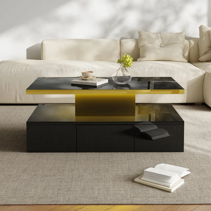 Table basse laquée noire moderne avec éclairage LED et bordure dorée 100x50x38,5cm STARDUST