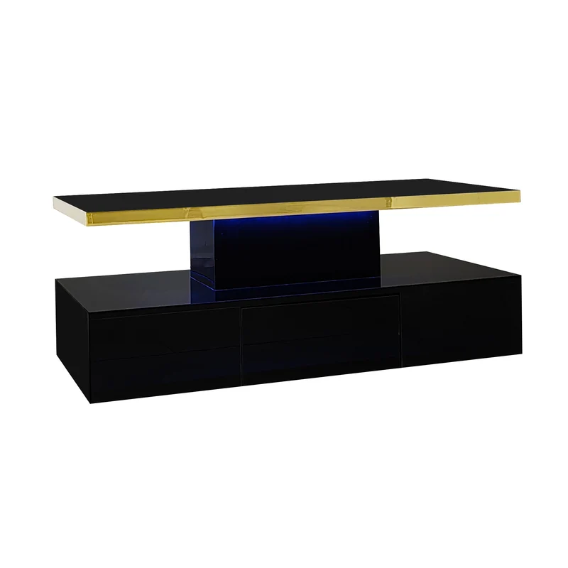 Table basse laquée noire moderne avec éclairage LED et bordure dorée 100x50x38,5cm STARDUST