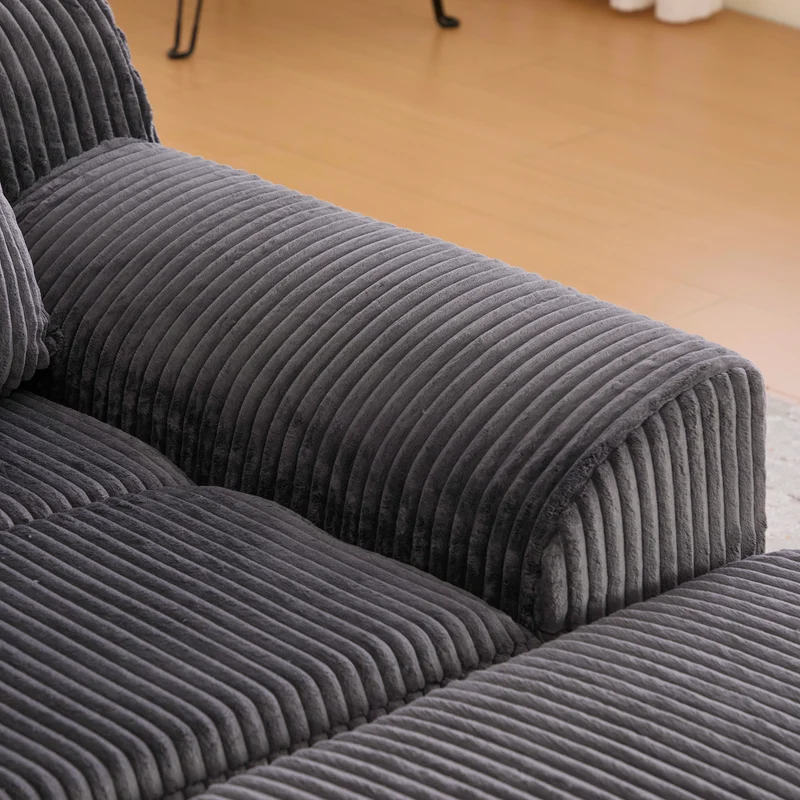 Canapé simple fauteuil XXL en velours côtelé gris, dossier profond, repose pied, coussin & poches latérales, sans montage HOTSPRINGPOOL